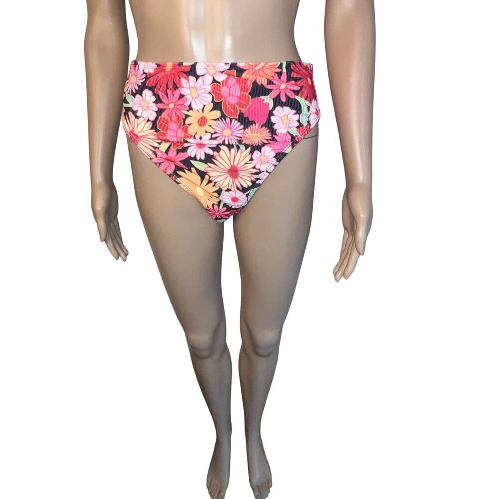 Wild fable women S floral ribbed print high waist‎ leg cheeky bikini bottom NEW